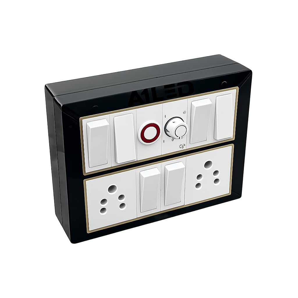 A1LED 12 Modular Switch Board, 6 Switches 10A, 2 Sockets 6A, Fan Regulator, LED Indicator, Black and Gold Finish, ABS Plastic, Wall Mount-image-48