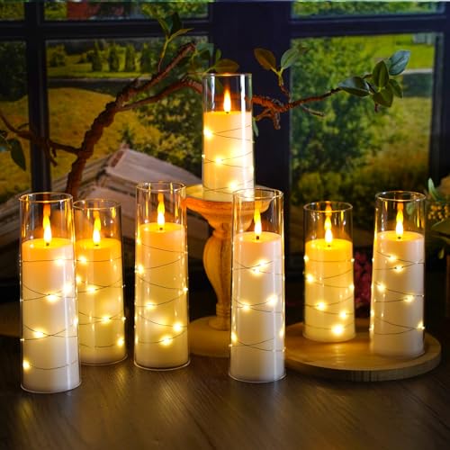 Image of Flameless Candles,with Embedded Star String, Battery Operated Candles Flickering LED Pillar Candles with Remote Control and Timer, Home Decoration Add a Warm and Romantic Atmosphere,Set of 7 (White)