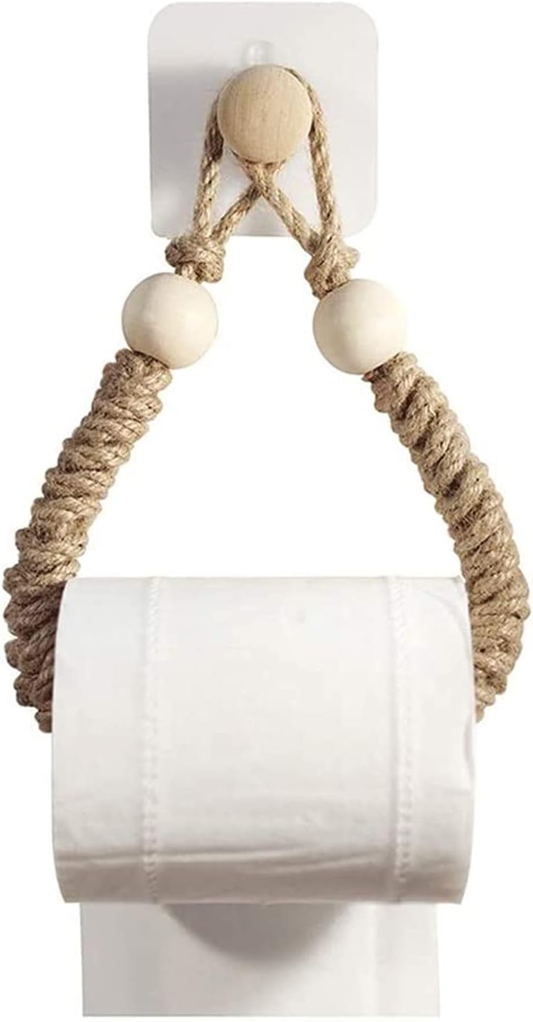 Toilet Paper Holders Toilet Paper Holders with Adhesive Wooden Hook Hand-Woven Paper Roll Holder Scarf Frame Cotton Linen Tissue Holder 19.6in Length Bathroom Toilet Paper Holder (Color : H)