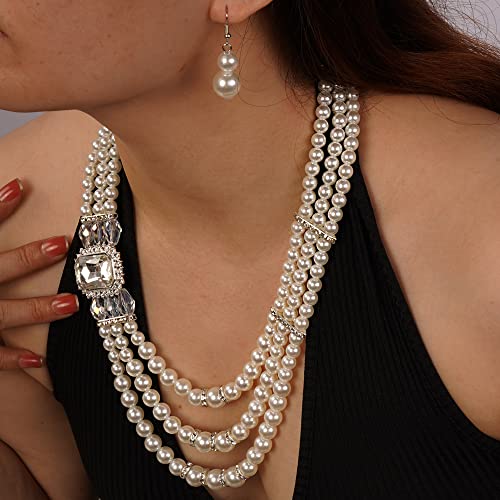 Aimimier 1920S 3-Strand White Faux Pearl Necklace And Dangle Earrings Set With Crystal And Rhinestone Long Pearl Necklace Statement Women Jewelry #TOP1