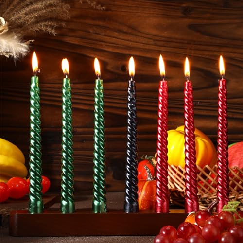 BBTO 8 Pcs Kwanzaa Kinara Set Kinara Wooden Candle Holder with 8 Inch Spiral Taper Candles Unscented Dripless Candles for Kwanzaa Decoration