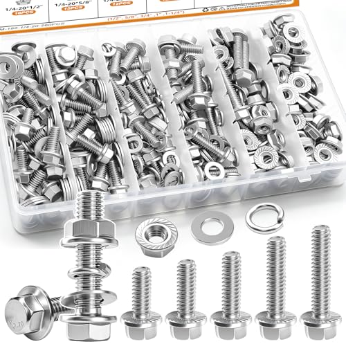 Image of mankk 260PCS Flange Head Bolts Assortment Kit 1 /4-20 x (1 /2 inch,5 /8 inch,3 /4 inch,1 inch,1-1 /4 inch) 304 Stainless Steel SAE Flange Hexagon Screws and Serrated Flange Nuts Kit