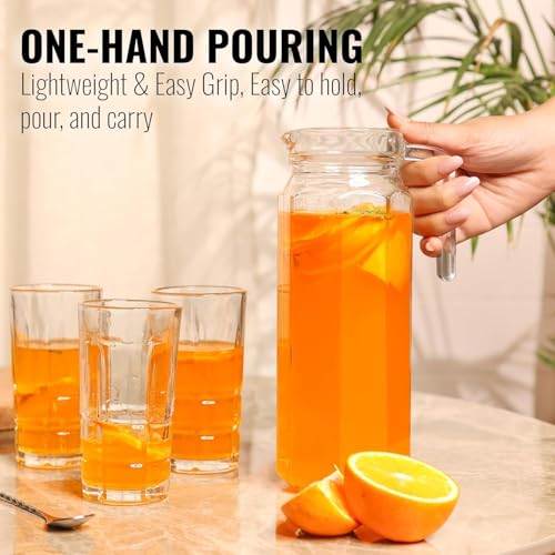 Image of Water Jug - Detox Glass Jugs with Lid for Dining Table - Elegant 1100 ml Transparent Pitcher for Juice, Iced Tea, Infused Water, Milk, Lemonade, Hot & Cold Beverages, Lumo