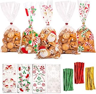 DERAYEE 120 Pieces Christmas Cellophane Bags Xmas Party Gift Bags Goodies Treat Bags with 180 Pieces Twist Ties for Christmas Party Favor