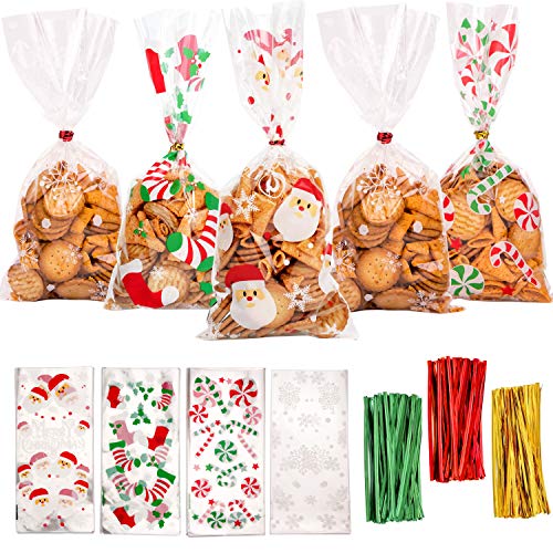 DERAYEE 120 Pieces Christmas Cellophane Bags Xmas Gift/Goodies Treat Bags with 180 Pieces Twist Ties