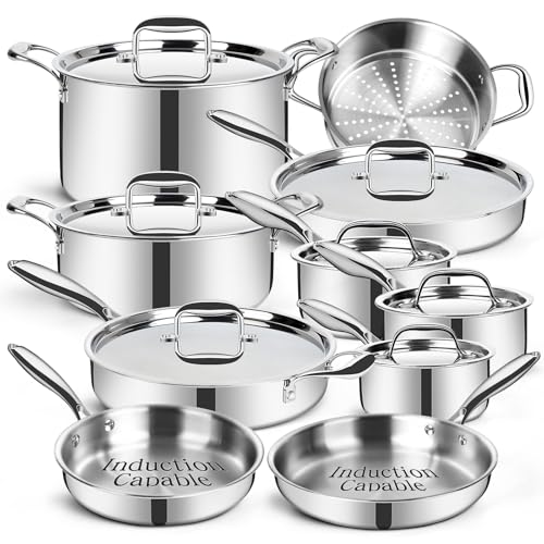 EWFEN Stainless Steel Cookware Set, 3 Ply 17 Piece Stainless Steel Pot and Pan Set, Oven Dishwasher Safe | Induction Compatible Frying Pans, Saucepans, Saute Pan & Stock Pot, PFOA, PTFE & PFOS Free