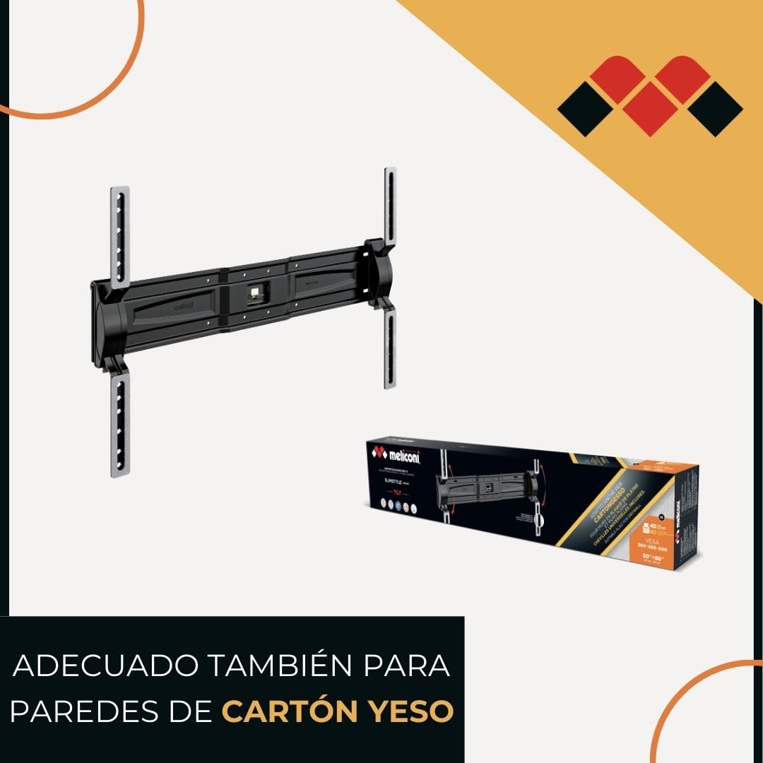Meliconi Slimstyle Plus 600 ST, Soporte TV Pared también para Cartón Yeso | TV 50”-86”, VESA 300-400-600, Inclinable, Capacidad 45 kg | 40 kg Cartón Yeso, Made in Italy