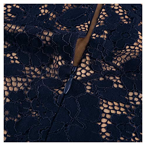 MISSMAY Women's Vintage Full Lace Contrast Bell Sleeve Formal Long Dress, Large, Navy Blue