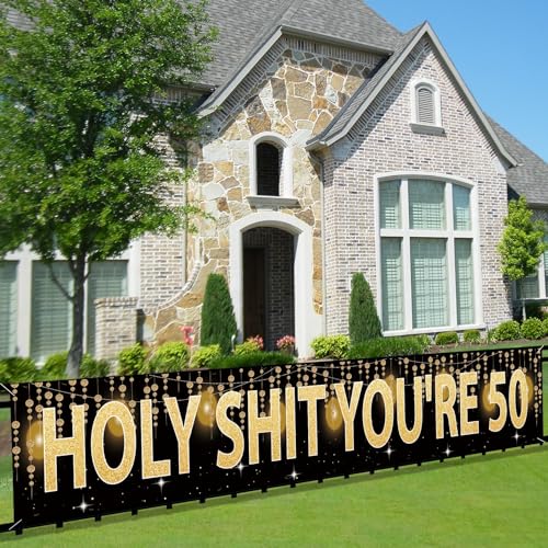 Holy Shit Youre 50 Banner 50th Birthday Banner for Women Men Funny 50th Bday Party Decoration Favors Indoor Outdoor 50th Birthday Party Black Gold Sign Supplies (9.8x1.6ft)