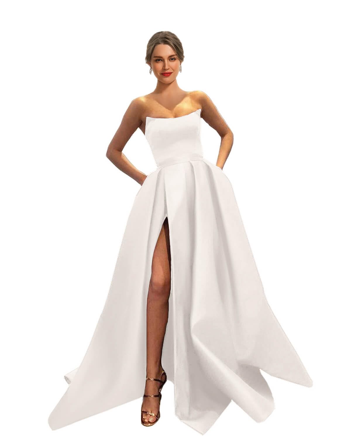 MllesReve Womens Long Strapless Satin Prom Dress Sleeveless Slit Evening Ball Gown with Pockets