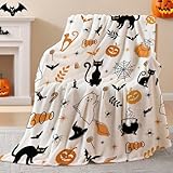 Mocsicka Halloween Throw Blanket Cat Blanket for Bed Couch Chair Pumpkin for Home Living Room Decor Soft Washable Blanket (50x59 inch, Boo & Cat, White)
