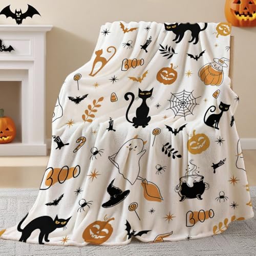 Mocsicka Halloween Throw Blanket Cat Blanket for Bed Couch Chair Pumpkin for Home Living Room Decor Soft Washable Blanket (50x59 inch, Boo & Cat, White)