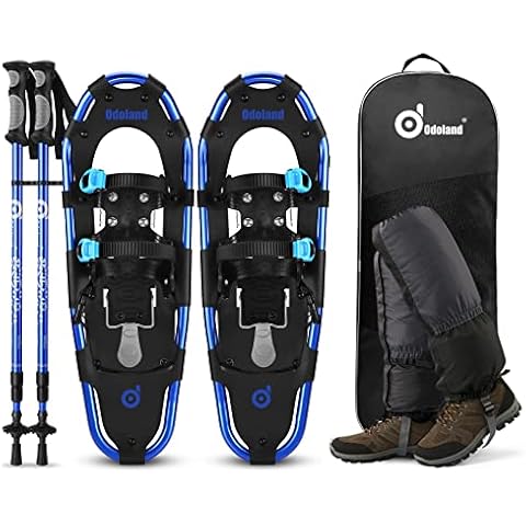 Odoland Schneeschuhe mit Steighilfe Allround 4 IN 1 für Damen und Herren mit Wanderstöcken, Wasserdichten Gamaschen und Tragetasche, ab Schuhgröße 25 INCH Blau Cover