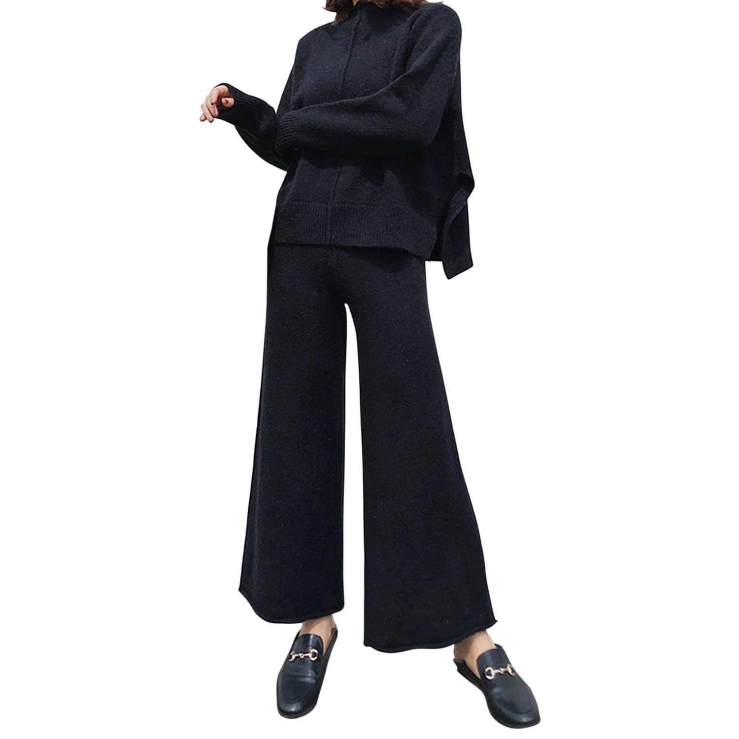 Ensemble Femme en Tricot 2 PCS Pull Pantalon Large Patchwork Tricoté Chic Costume Sportif Hiver Style Elégant Décontracté Coupe Ample Confortable Chaud pour Automne Printemps