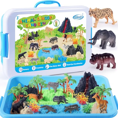 Billeeit Animal Sensory Bin Sand Toy, Play Sand Kit w/lid and 2.2lbs Moldable Sensory Sand, Molds, Tools, Map Set 35pcs Total, Fun Gifts for Kids 3+