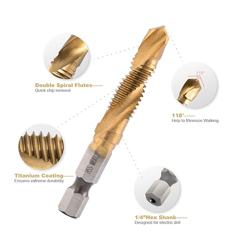 Miniatura 10 de HIDOTOL Juego de brocas y brocas combinadas de titanio con adaptador de cambio rápido 13 piezas SAEmétricos herramienta de brocas 3 en 1 para