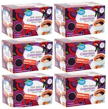 Great Value 100% Arabica Colombian Medium Dark Ground Coffee Pods, 0.33 oz, 12 count (Pack of 6)