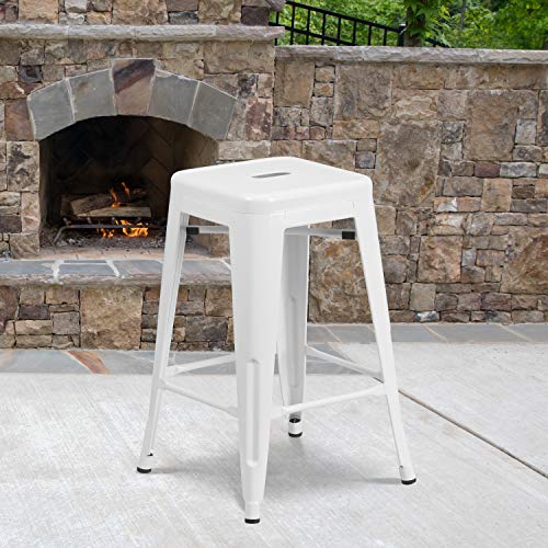 Flash Furniture 4 Pack Commercial Grade 24  High Backless White Metal Indoor-Outdoor Counter Height Stool with Square Seat
