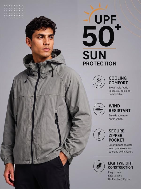 Image of CHKOKKO Sunscreen Jacket For Men With Hood | Advanced Upf 50+ UV Ray Sunblock Sunscreen | Water-repellent Lightweight Nylon Cooling Quick Dry Fabric | Sports Cycling Travel & Dailywear