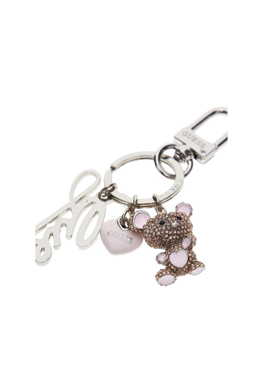 GUESS Portachiavi di Lusso in Metallo, Argento con Orsetto Decorativo e Charm, 6,4 x 12,6 x 0,5 cm, con Anello e Gancio