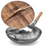 YOSUKATA Silver Round Bottom Wok Pan – 14" Woks and Stir Fry Pans Cast Iron Wok Cover - Premium Wok
