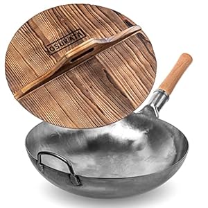 YOSUKATA Silver Round Bottom Wok Pan – 14″ Woks and Stir Fry Pans Cast Iron Wok Cover – Premium Wok Cover 14 inch Pan Lid- Wooden Wok Lid 14 in with Ergonomic Handle