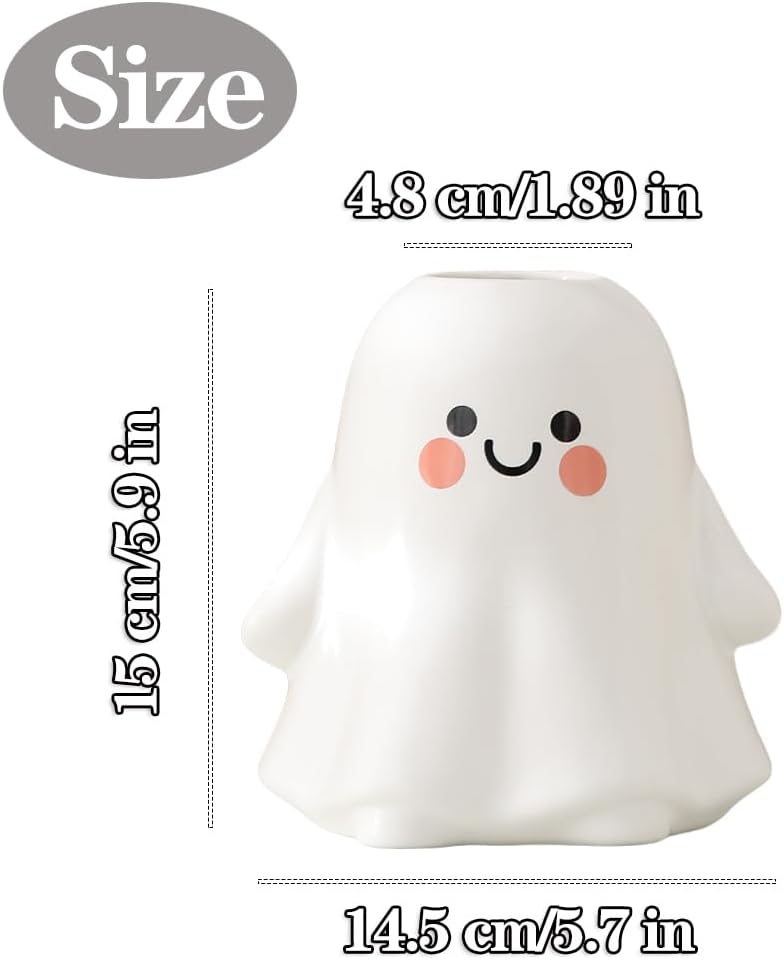 Cute Ghost Vase Ceramic Ghost Bucket Vase, H 5.9" Halloween Vases Ceramic Ghosts Decor for Home Table Desk Bedroom Halloween Decorations, Ceramic Vases for Flowers (1Set-Bright Surface)