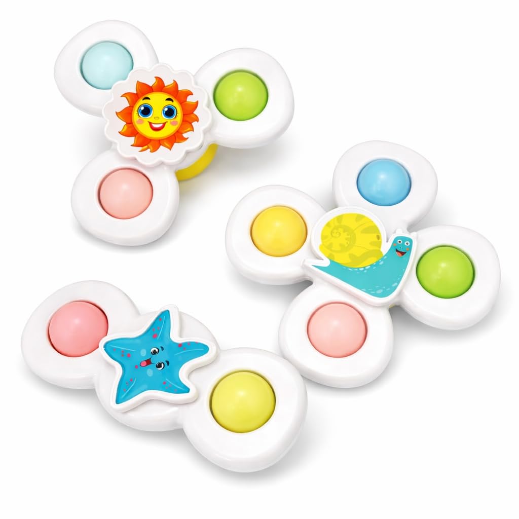 PB Prime Brands Strong Suction Cup Fidget Rotating Sensory Bath Toys for Baby 6 12 18 Months Airplane Car Travel Table & Window Toys for 1 2 Years Old Toddler Boys and Girls (Sun Sppiner Rotate Ball)
