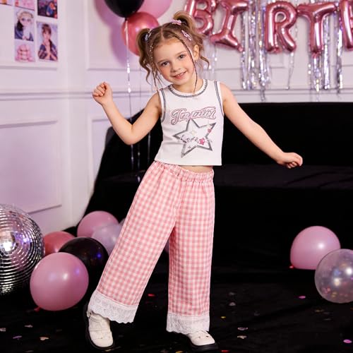 Image of Miipat Toddler Girls Wide Leg Pants Elastic Waist 2 Pack Gingham Pants Girls Loose Checkered Plaid Lace Bottoms