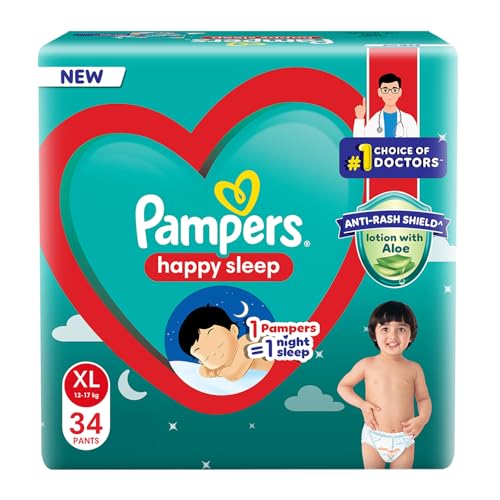 Image of Pampers Happy Sleep Pant Style Baby Diapers, X-Large (XL), 34 Count, 1 Pampers = 1 Night Sleep, with Anti Rash Shield, 12-17 Kg Diapers