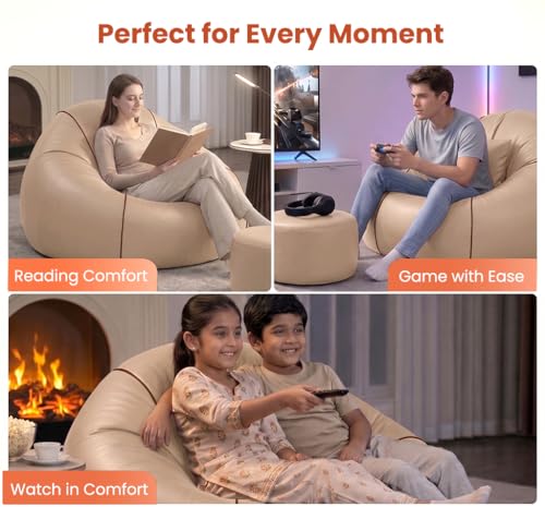 Image of Sattva Piping 5XL Sofa Style Bean Bag Chair with Beans Filled | Faux Leather Bin Bag Sofa Combo + Footstool & Cushion | Filled Beanbags for Adult & Teens | Beans Bag with Beans | Beige /Brown Piping