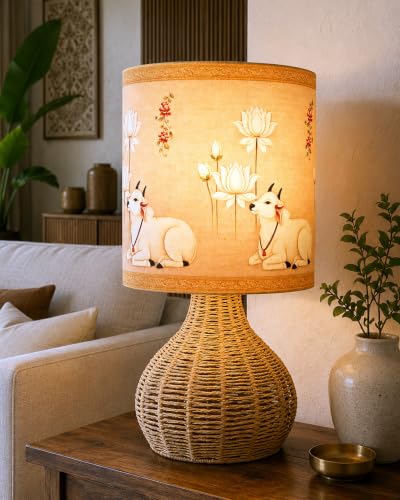 Image of Homesake Handwoven Rattan Table Lamp with Pichwai Art Printed Fabric Shade, Decorative Raffia Spinning Bedside Lamp, Boho Table Lamp with E27 Holder, Living Room & Bedroom Decor