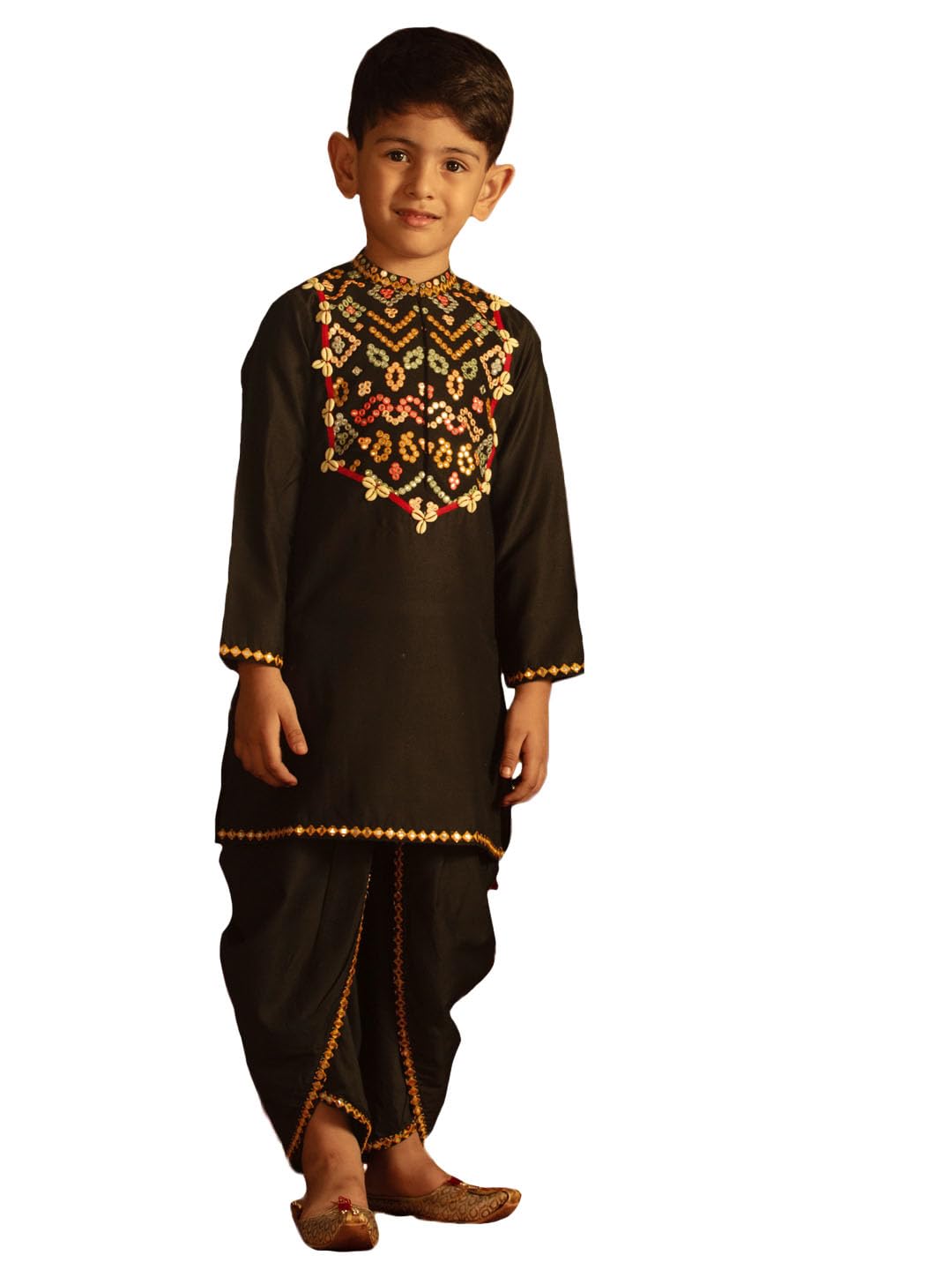 Vastramay Boys' Black Viscose Kutch Embroidered Kurta And Dhoti Set, Navratri Special Ethnic Wear, Full Sleeve Mandarin Collar