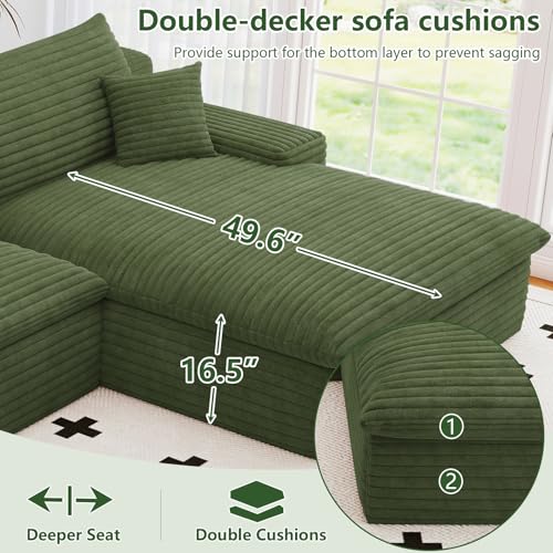 Image of 136 inch Cloud Couch Modular Sectional Sofa for Living Room, U-Shape Boneless Couch with Deep Seat, Modern Corduroy 4-Seater with Ottoman, No Assembly Required (Green,Right-Facing Chaise)