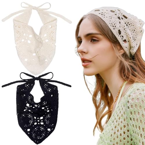 2 Piezas Crochet Hair Bandana, Boho huecos pañuelos de ganchillo turbante lazos para el pelo, Vintage triangular Anudado Pañuelo Estampado de Diadema de Punto Pañuelo de Cabeza, para Mujeres y Niñas