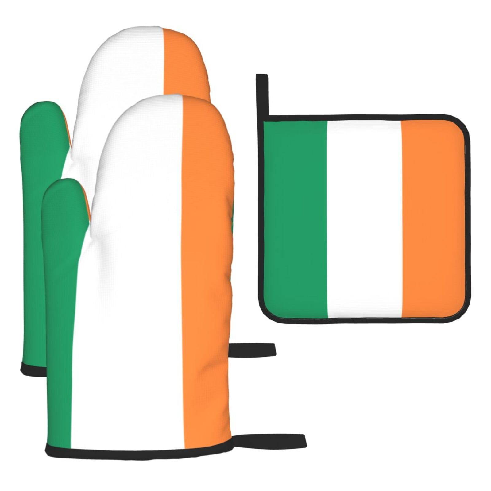 Irish flag Printed Oven Mitt Set 3-Piece | Heat Resistant Gloves & Pot Holder Mat for Cooking, Baking & BBQ