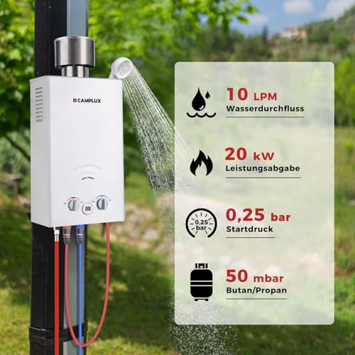 CAMPLUX BW264C-DE 10 Liter Gasdurchlauferhitzer mit Regenkappe, 50mbar Tankless Outdoor-Instant-Gasdusche für Pferd Waschen Camping RV Reise