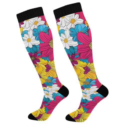 ALAZA Athletic Compression Socks Knee High Socks Stockings for Men Colored Floral Pattern Women Running Circulation Sport Football
