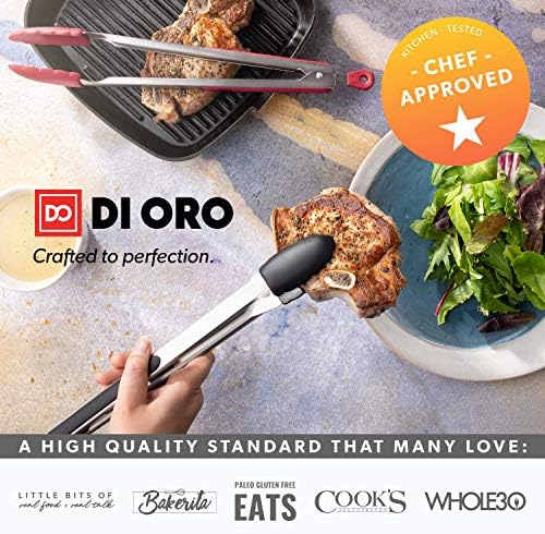 DI ORO® Kitchen Tongs 23cm Stainless Steel with Non-Stick 250°C Heat-Resistant BPA Free Silicone Tips Great Tool for Cooking, Serving, and Barbecuing - Dishwasher Safe and Easy to Clean