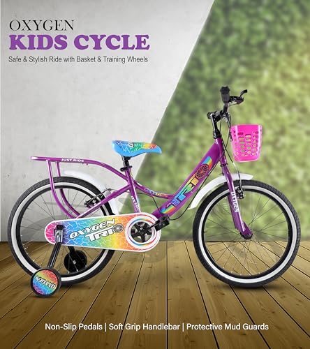 Image of OXYGEN Trio 20T Kids Bicycle for Boys & Girls 5-10 Years, 20 Inch Single Speed Cycle with Training Wheels, Basket, Rear Carrier, High Tensile Steel Frame, Front & Rear Brakes, Purple, Semi-Assembled
