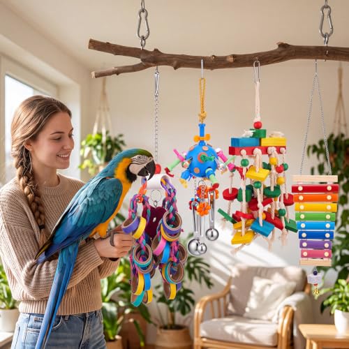 Image of Seenelling 4 Pcs Extra Large Bird Toys for Parrots, Ring and Ball | Multicolored Natural Wooden Blocks & Beads Bells, Bird Cage Chewing Toys for Large Medium Macaws African Grey Cockatoos