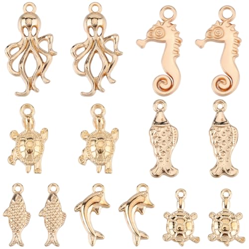 SUNNYCLUE 1 Caja de 70 Piezas de 7 Estilos de Dijes de Animales del Océano Dijes de Playa Dorados Aleación A Granel Caballito de Mar Dorado Delfín Tortuga Pez Pulpo Dijes de Animales Marinos de Metal
