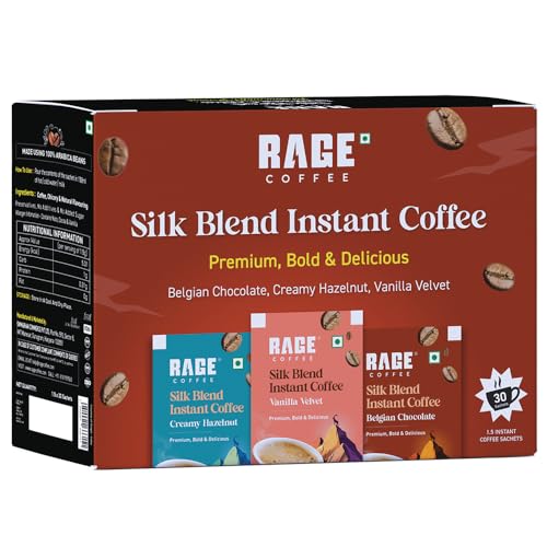 Rage Coffee Silk Blend Assorted Coffee Sachets | Pack of 30 | Rich & Bold Instant Coffee Flavour Coffee | Vanilla Velvet, Belgian Chocolate, Creamy Hazelnut | Premium Bold & Smooth (10 Sachets Each Flavour) (Silk Blend Assorted)