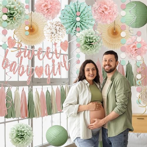 Sage Green and Blush Pink Baby Shower Decorations - Sweet Baby Girl Banner, Olive Green Lanterns, Streamers, Tissue Pom Poms, Paper Fans, Pink Beige Boho Paper Tassel, Rustic Backdrop Decor - Image 4