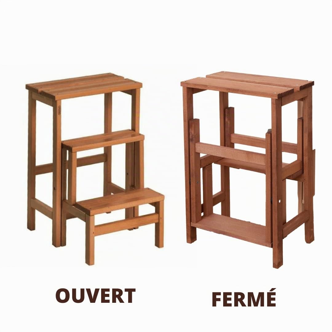 Mottiwood Tabouret Escalier avec rabat, 3 marches, couleur noix, pliable, antidérapant, peu encombrant, bois de hêtre, dimensions 37 x 42,5 x 58 cm A2782