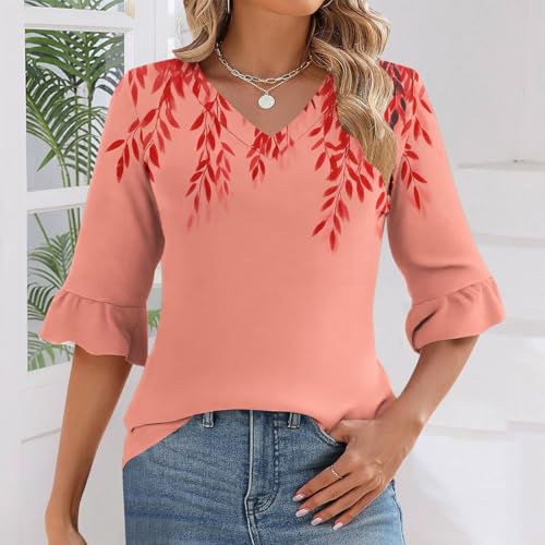 3/4 Length Sleeve Tshirts for Ladies Summer Fall V Neck Floral Graphic Loose Fit Peplum Tops Shirt Women 2025 Y2K2