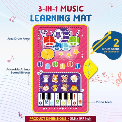 Image of 3-in-1 (Cat & Unicorn) Piano Mat for Toddlers, Piano & Drum Mat with 2 Sticks, Featuring Animal, Piano Sounds, Educational Toy for 12 Months+,Ideal for 1-3 Year Toddler - Pink