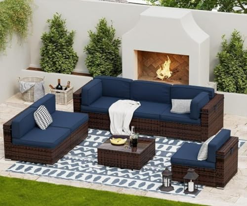 Image of 4PC Patio Furniture Sets, Modular Rattan Outdoor Sectional Furniture Sofa Set, Wicker Patio Conversation for Backyard, Deck, Poolside Coffee Table Set, (Blue)