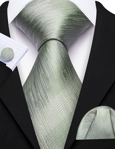 Image of Barry.Wang Striped Men Ties Set Silk Necktie Handkerchief Cufflinks