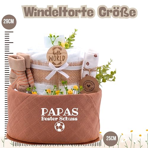 Trend Mama® | Windeltorte Boho Style | Spruch wählbar | 27 Windeln (Gr.2), Musselintuch, Socken & Waschhandschuh |Geschenk Geburt (Design| Papas bester Schuss)